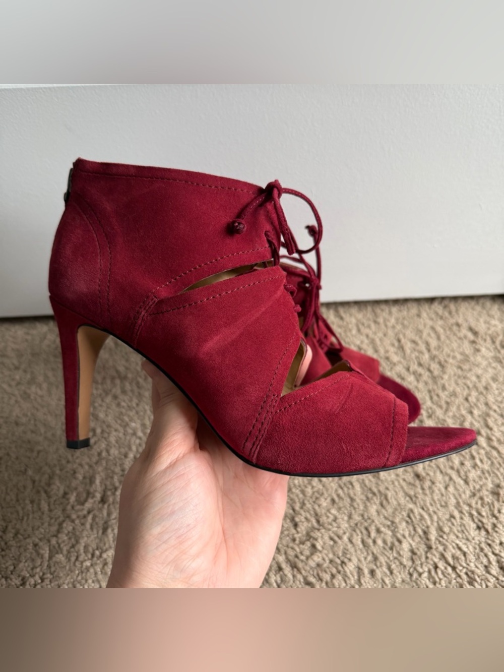 Franco Sarto Shawnee Burgundy Red Suede Lace-Up Heels
